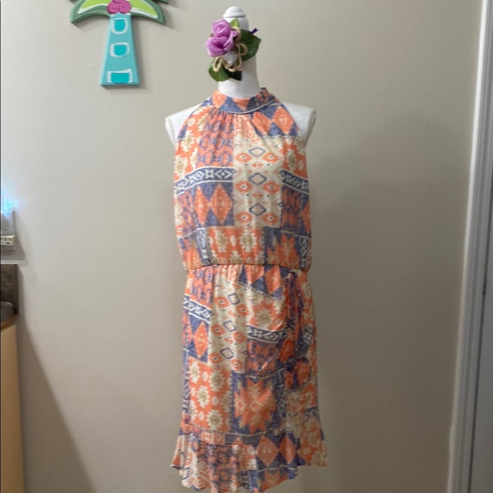 🩷🩷Cato Sleeveless Orange and Blue Midi Aztec-like Native Print Dress